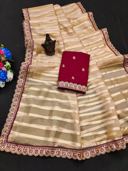 Pure Banarasi Soft Organza Silk Saree with Heavy Multi-Stitched Border