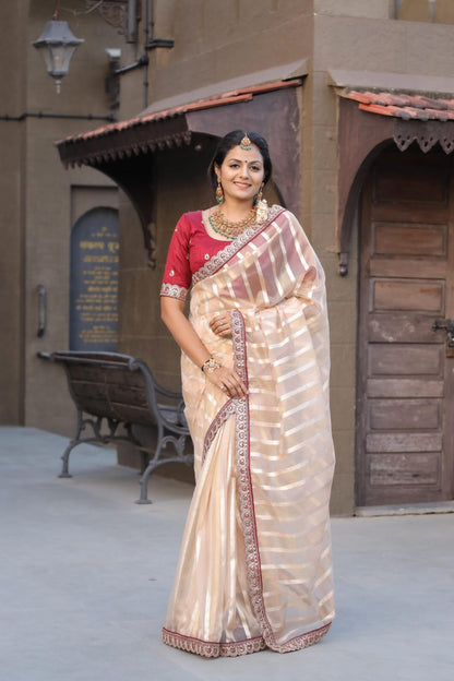 Pure Banarasi Soft Organza Silk Saree with Heavy Multi-Stitched Border